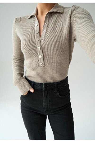SONGÜLBERİK Women's Winter Beige Knitwear with Mock Neck Snaps