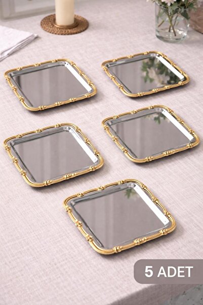 MGEStore طقم صواني تقديم للقهوة والشاي مكون من 5 قطع، صينية تقديم مزخرفة بإطا...