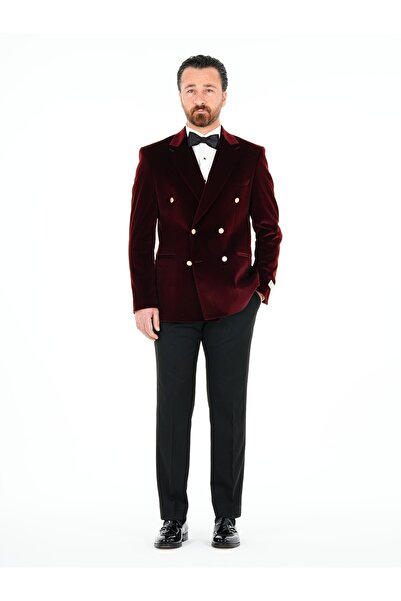 PAREZ Premium Erkek Kadife Kruvaze Smokin Damatlık Gold Düğme Punto Dikişli C...