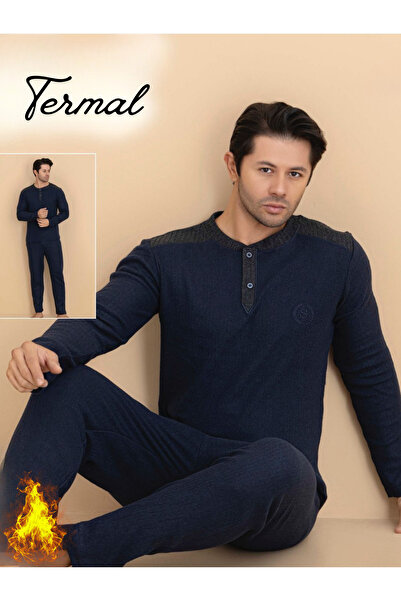 İXOMAN طقم بيجامة شتوية حرارية للرجال طقم علوي وسفلي أسود - أزرق داكن - فومي