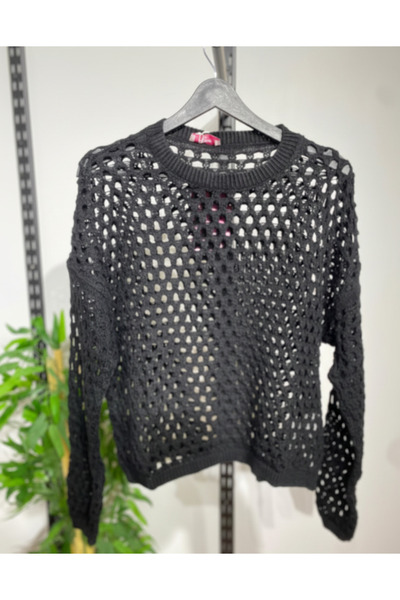 SONGÜLBERİK Women's Mesh Knit Casual Sweater (Black)