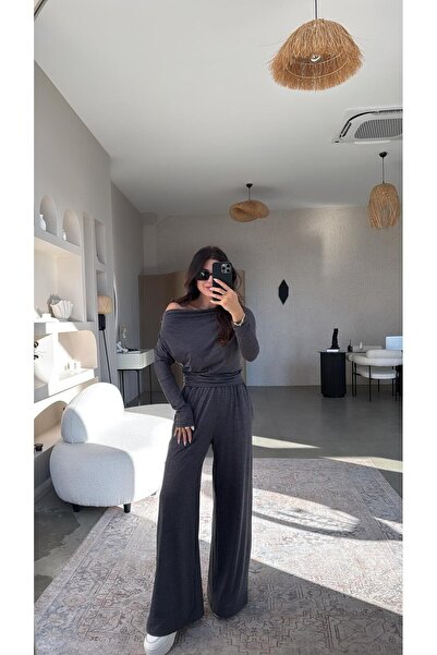 Buket Teke Dark Gray Off-Shoulder Casual Set