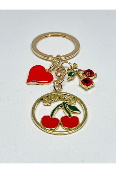 Agatella Tasarım Red Cherry & Heart Figured Steel Keychain Valentine's Day Gift, Stylish Charm Keychain Bag Ornament