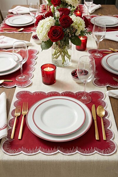 decofav Scallop Square Burgundy Fabric Embroidered American Tablecloth 2 Pieces