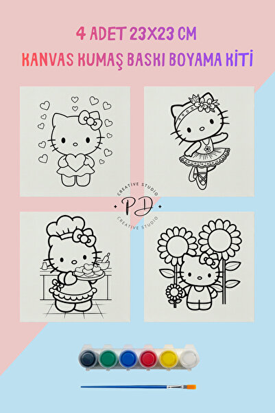 PRİNTOPİA DESİGN Çocuklar İçin Kanvas Kumaş Boyama Kiti - 4 Adet Hello Kity T...