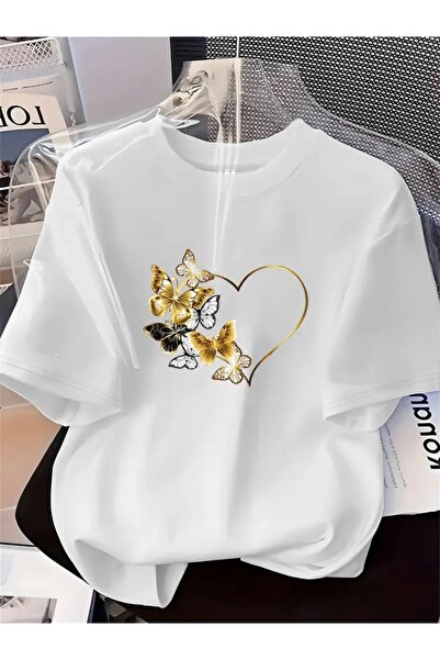 FUFLUNS تي شيرت كبير الحجم بياقة دائرية مطبوع عليه فراشة القلب