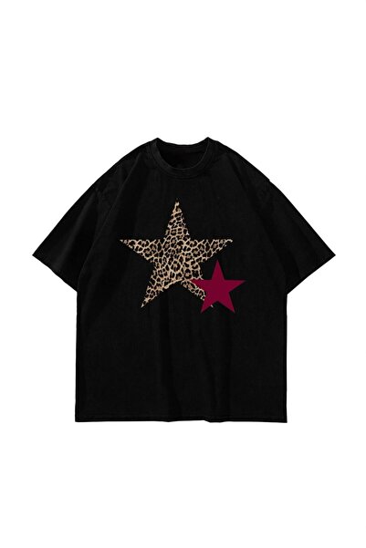 Elvino Y2k Leopar Starz Baskılı Oversize Unisex Siyah/Beyaz Tshirt