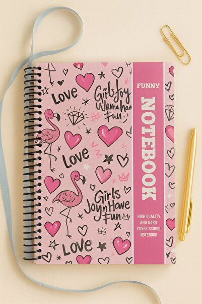 matheon Pink Flamingo Patterned Spiral Bound Hardcover Checkered School Noteb...