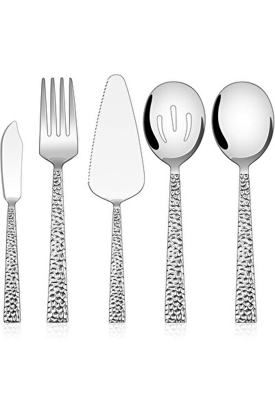 Generic E-far Hammered Serving Utensils, 5-Piece Stainless Steel Square Hoste...