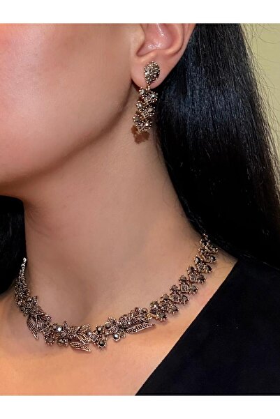 Ceso Accesories Otantik Markazit Taşlı Eskitme Bronz Kaplama Kolye Küpe Seti