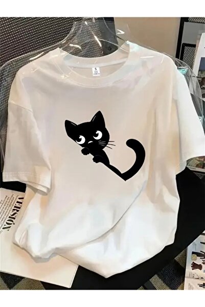 FUFLUNS تي شيرت كبير الحجم بياقة دائرية مطبوع عليه قطة