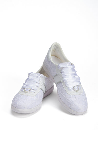 Stilo White Evening Dress Wedding Dress Shoes Flat Sole, Lace Satin Shoes Ver...