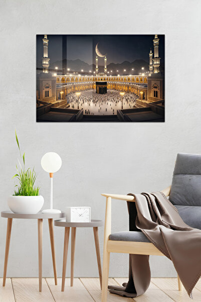 kutuTR Kâbe Manzaralı Gece Işıltılı Modern İslami Temperli Cam Tablo 50x70 Cm...