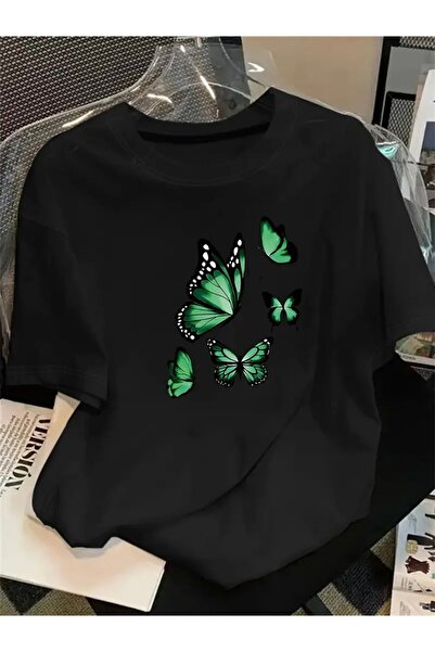 FUFLUNS Ucan Butterflies Printed Oversize Circular Neck T-Shirt