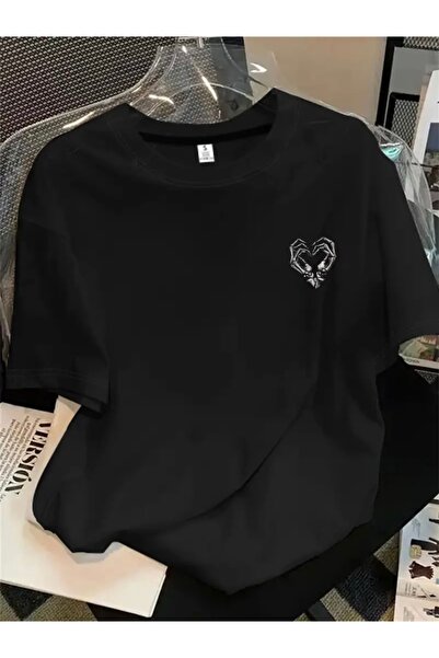 FUFLUNS Heart Skeleton Hand Printed Oversize Circular Neck T-Shirt