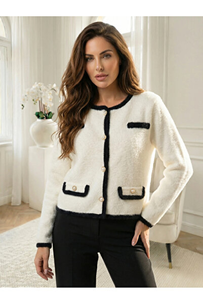 UniqueStore.ro Elegant white cardigan with black details and decorative buttons