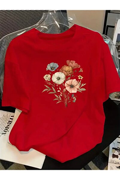 FUFLUNS Flowers Printed Oversize Circular Neck T-Shirt