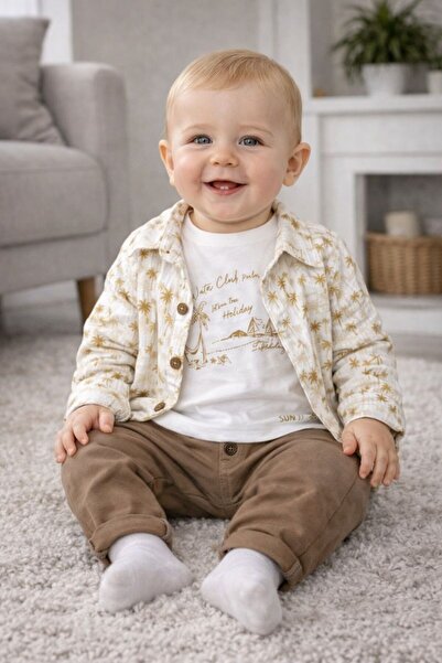 KOKOŞ BEBEK Baby Boy 3-Piece Set with Palm Tree Shirt |   T-Shirt + Shirt + P...