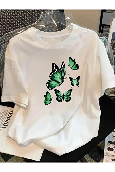 FUFLUNS Ucan Butterflies Printed Oversize Circular Neck T-Shirt