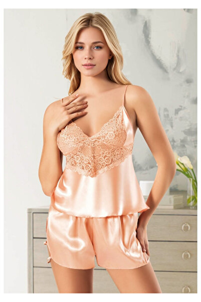 QKK Women's Salmon Satin Shorts Pajama Set Lace Embroidered Suspender Home Wear