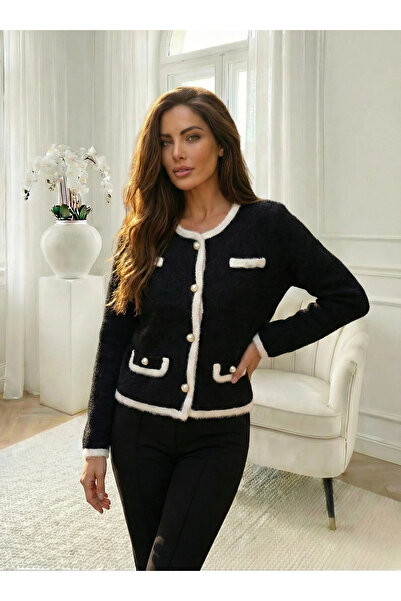 UniqueStore.ro Elegant black cardigan with white details and decorative buttons