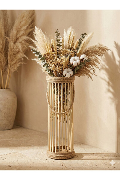 DEKOLOBİ Bohem Dekoratif Vazo / Büyük Ahşap Vazo / Retro Çiçeklik 40 cm