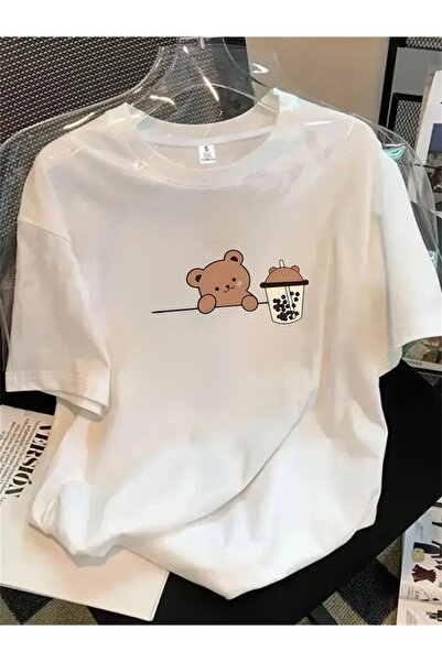 FUFLUNS تي شيرت بياقة دائرية وطباعة SWEAT BEAR بمقاس كبير