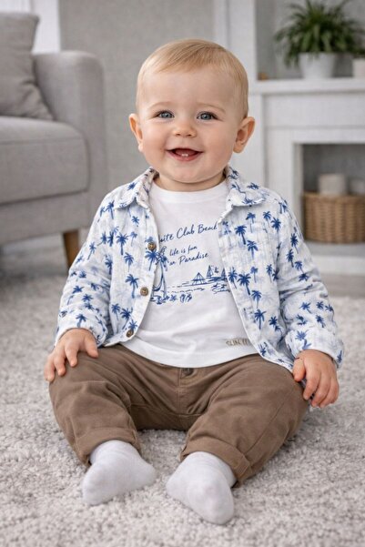 KOKOŞ BEBEK Baby Boy 3-Piece Set with Palm Tree Shirt |   T-Shirt + Shirt + P...