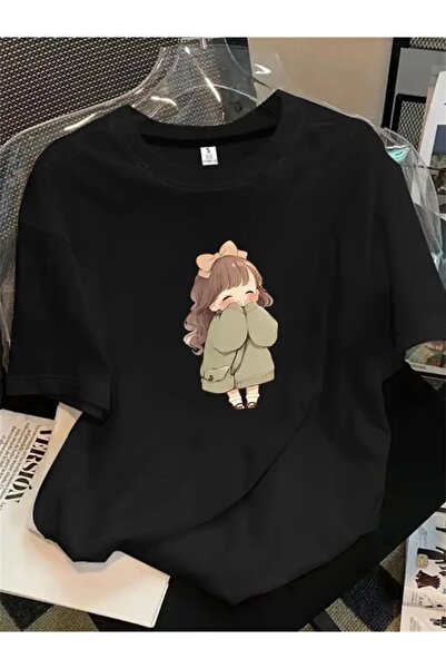 FUFLUNS تي شيرت بياقة دائرية وطباعة للفتيات بمقاس كبير