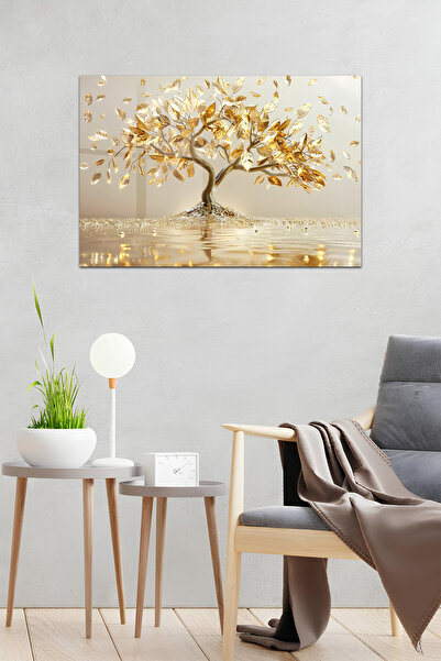 kutuTR Altın Işıltılı Beyaz Yapraklı Ağaç Temalı Temperli Cam Tablo 50x70 Cm ...