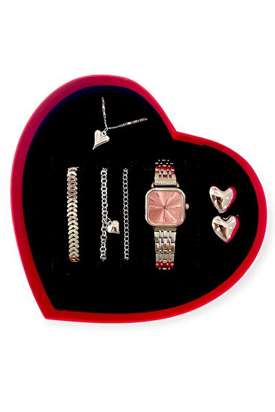 Tisaati Lüks Kalpli Kutulu Kalpli Bileklikli ve Kalpli Kolyeli Metal Kordon C...