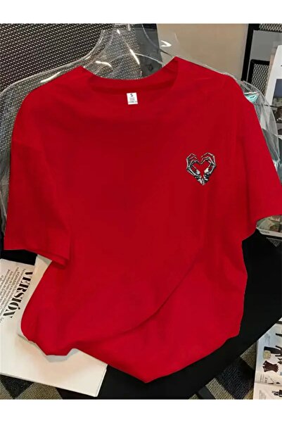 FUFLUNS Heart Skeleton Hand Printed Oversize Circular Neck T-Shirt