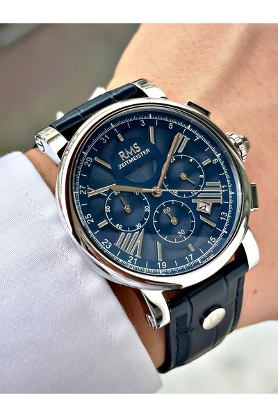 Romanson Functional Leather Cord Navy Blue Color Steel Case Men's Wristwatch ...