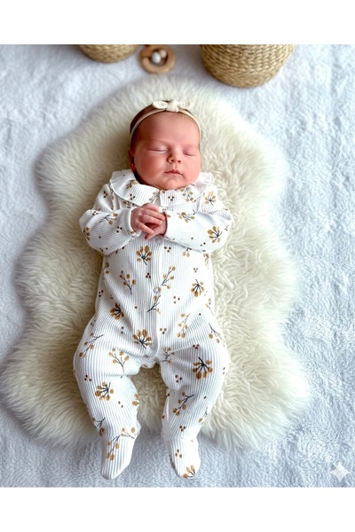 BEREN Necix's %100 Pamuklu Ribana Esnek Kumaş Bebe Yaka Çiçekli Bebek Tulumu