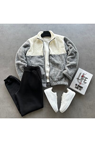 tetramoda Men's Patchwork Plush Jacket & Three Thread Sweatpants Combination