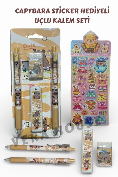 VERA HOUSE Capybara Uçlu Kalem Sticker Hediyeli 5 Parça Kırtasiye Seti - Capy...