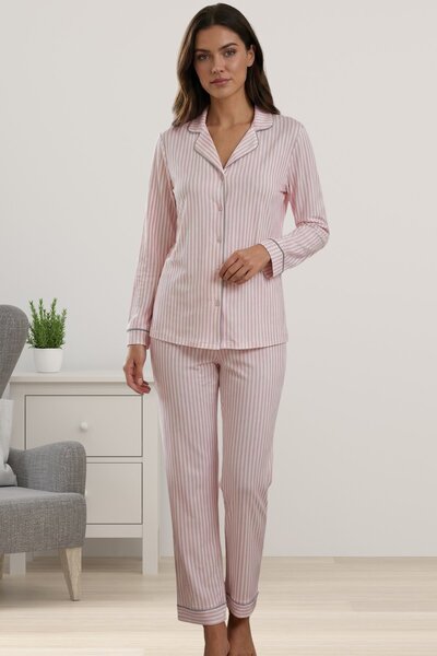 by İGP Striped Front Buttoned Long Sleeve Women's Pajama Set