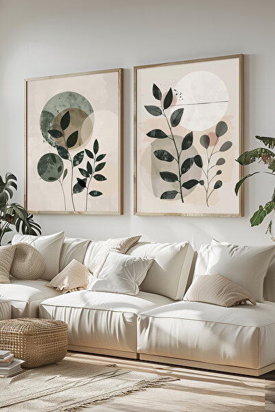 STARYUNA Minimalist Leaves and Circular Shapes in Wooden Frame Double Paintin...