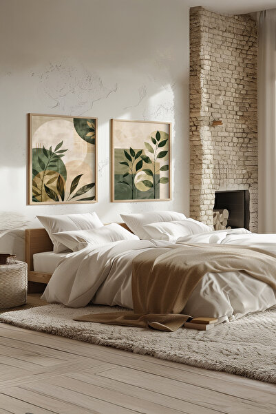 STARYUNA Wooden Framed Natural Leaves and Geometric Shapes Double Painting Se...