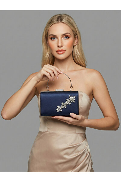 Biçanta Navy Blue Luxury Suede Crystal Stone Metal Handle Chain Women's Eveni...
