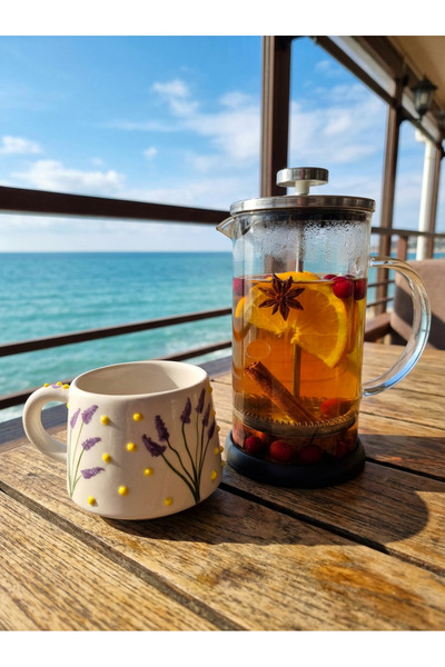 NİVRA GRUP El Yapımı Seramik Kupa Bardak Kabartmalı Mor Lale Desenli 190Ml. Ç...