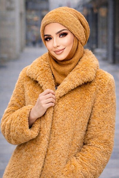 Aişe tesettür Hardal Karyağdı Çıkartılabilir Kürklü Maskeli Bere
