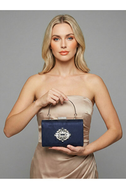 Biçanta Navy Blue Luxury Suede Crystal Stone Metal Handle Chain Women's Eveni...