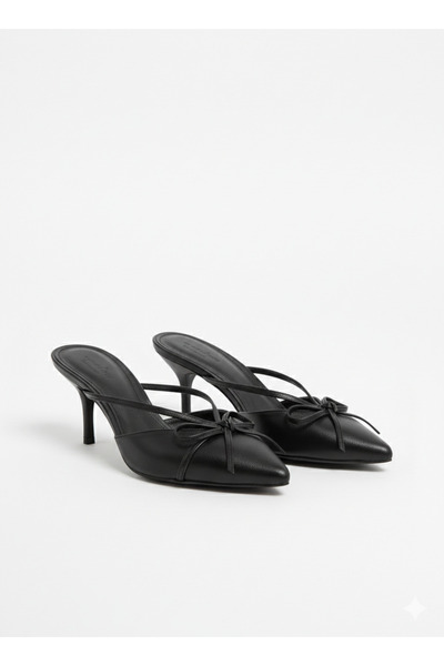 Tamdabu Ayakkabı Black Skin Stylish Thin Heeled Women's Slippers