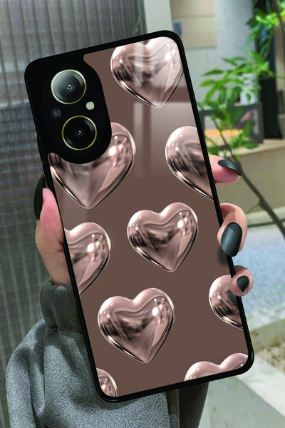 realme 12 Lite Uyumlu Kahverengi Kalp Tasarımlı Glossy Premium Kılıf