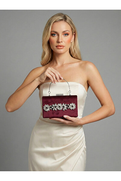 Biçanta Burgundy Luxury Suede Crystal Stone Metal Handle Chain Women's Evenin...