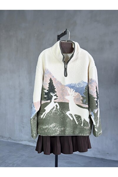 Lavanta Tekstil Plush Winter Patterned Zippered Fleece Sweater