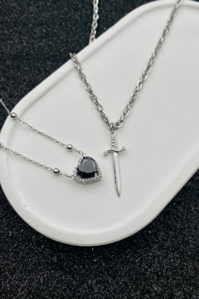 Hiza قلادة زوجية على شكل قلب وسيف من الحجر الأسود - مجموعة قلادات خاصة لعيد ا...