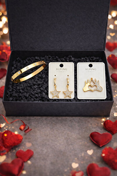 XUPING JEWELRY Sevgililer Günü Hediyesi Kadın Takı Seti - Kutulu Bileklik Küp...
