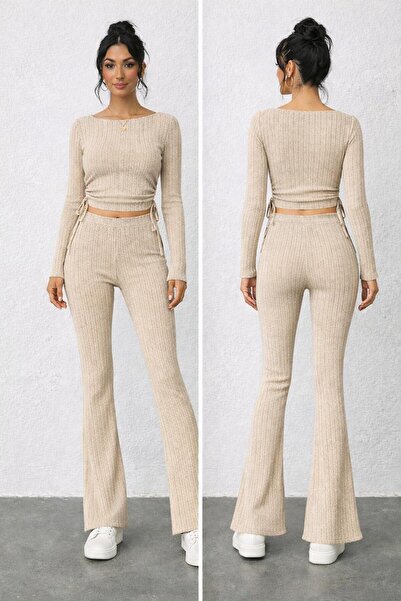 Wildco Corded Fabric Knitwear Asymmetric Blouse and Flared Pants Set, Knitwea...